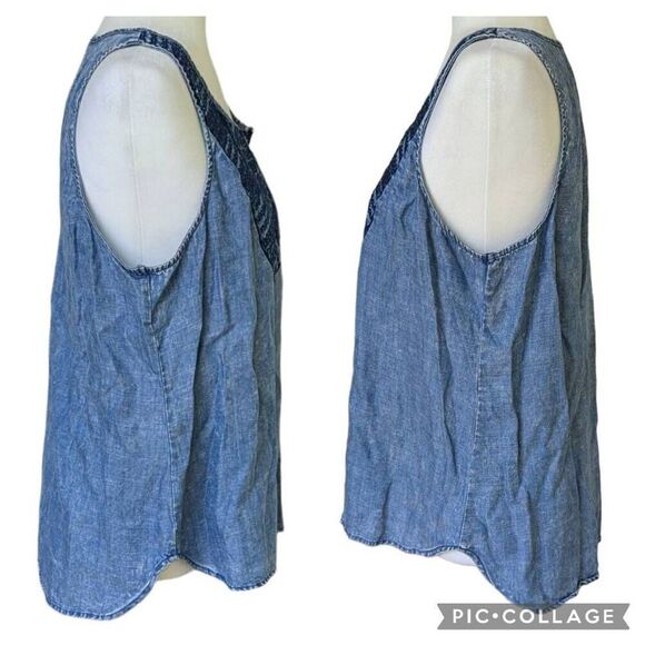 SKIES ARE BLUE Tank Top Blue Chambray Navy Embroidered Neckline Size M Women - Picture 6 of 9